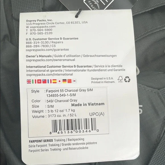 Osprey Black Backpack Durable Outdoor Design Farpoint 55 - Picture 5 of 5